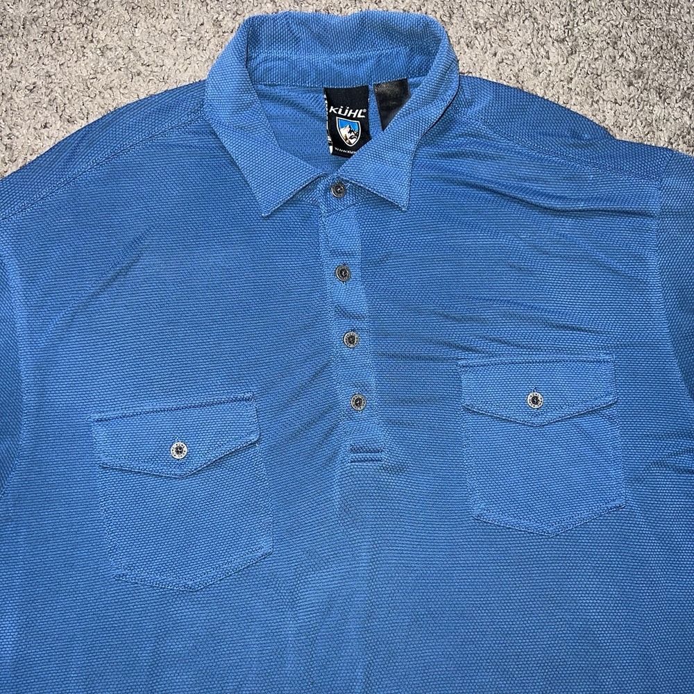 Kuhl Mens Polo Shirt‎ Large Blue Casual Short Sleeve Two Chest Pockets Outdoor